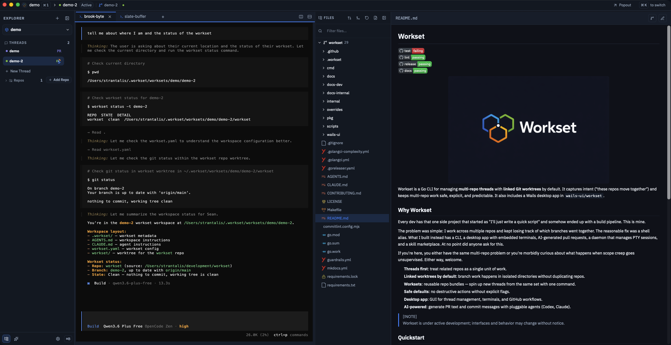 Workset desktop app — explorer, terminals, and content view