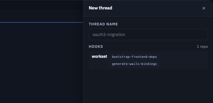 New thread dialog with name input and hooks