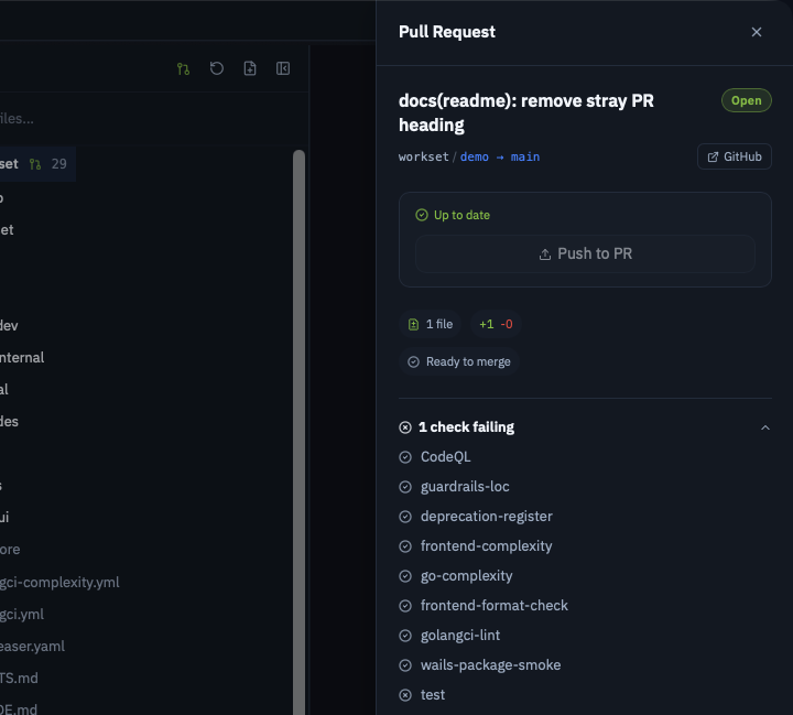 PR status showing CI checks, merge state, and push options