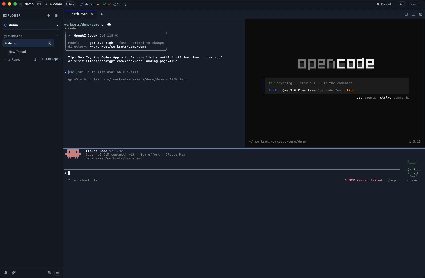 Multi-pane terminals with Codex and Claude agents